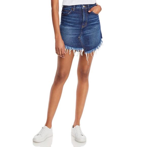 Free People Frayed-Hem Jean Skirt in Indigo Blue - Picture 1 of 10